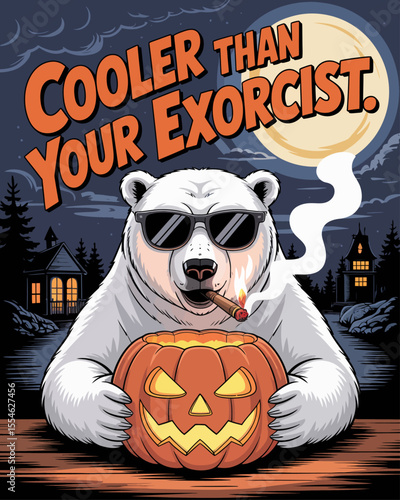 Cool Halloween polar bear lighting jack-o’-lantern with cigar, wearing sunglasses, captioned “Cooler Than Your Exorcist.” – stylish spooky bear illustration with Arctic humor and night party vibes.