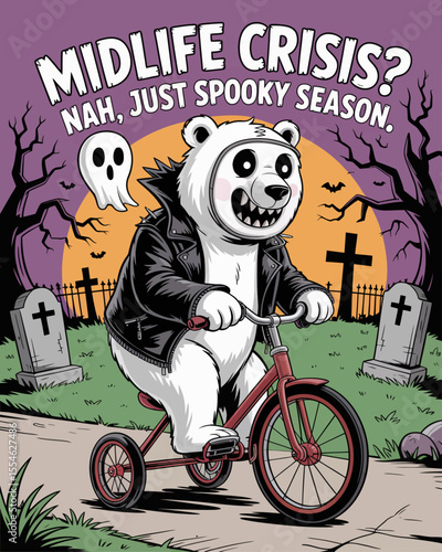 Polar bear in leather jacket and ghost mask riding tricycle through graveyard, captioned “Midlife Crisis? Nah, Just Spooky Season.” – hilarious Halloween image celebrating spooky fun and weirdness