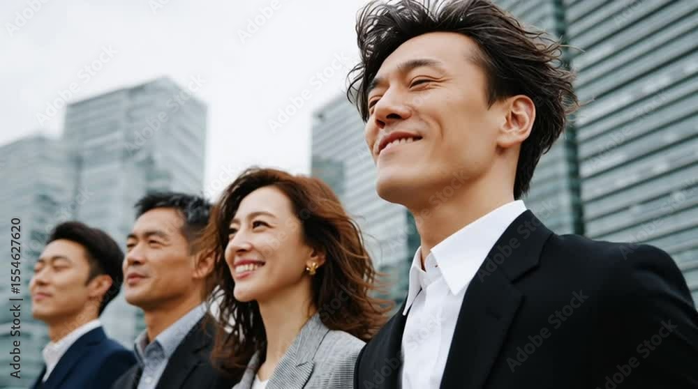 confident Japanese business team walking, modern urban skyscrapers with glass facades backdrop, 4K video confident Japanese business team walking, modern urban skyscrapers with glass facades backdrop, 4K video