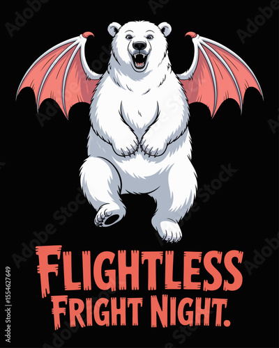 Polar bear in vampire wings attempting to fly, belly-flopping instead, captioned “Flightless Fright Night.” – comical Halloween character with failed spooky transformation and Arctic monster humor.