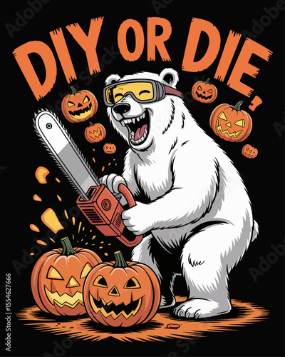 Funny Halloween polar bear carving pumpkins with chainsaw and safety goggles, laughing maniacally, captioned “DIY or DIE.” – humorous spooky Arctic-themed for Halloween lovers