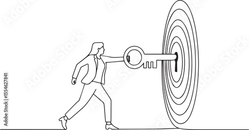  continuous line drawing of businesswoman unlocking target symbol with large key in black and white