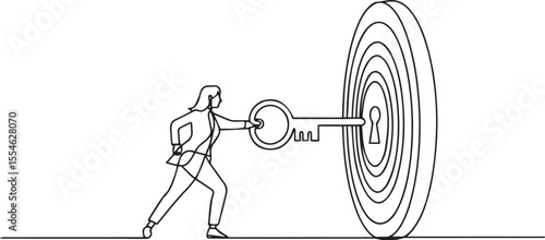  continuous line drawing of businesswoman unlocking target symbol with large key in black and white