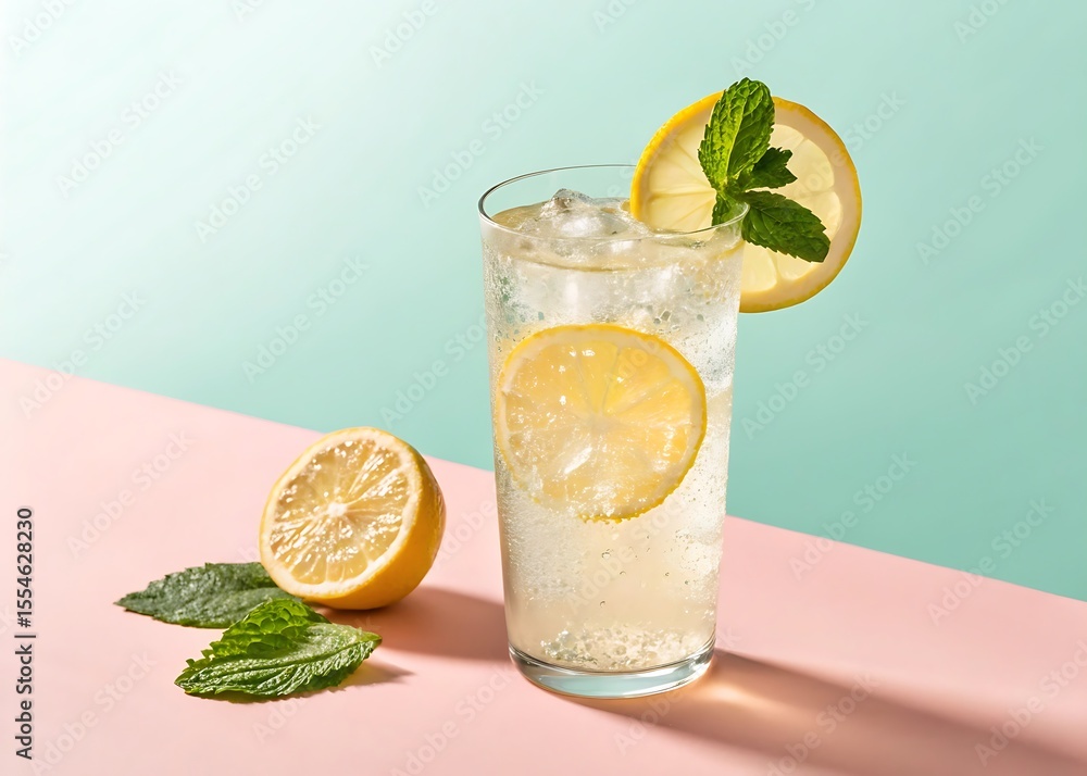 Fototapeta premium A refreshing glass of cold lemonade with fresh mint and lime slices
