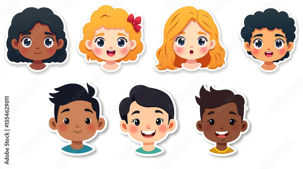 Eight diverse children's faces illustration with happy expressions. The illustration features children with various hair colors and skin tones. Eight diverse children's faces illustration with happy expressions. The illustration features children with various hair colors and skin tones.