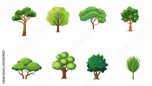 Collection of diverse cartoon trees with green foliage and brown trunks on a transparent background