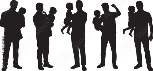 Series of Father and Child Silhouettes in Minimalist Black and White Design for Loving Parent-Child Moments and Family Connection