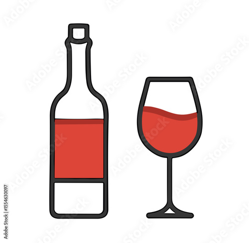 Red wine bottle and glass with wine in minimalist style  