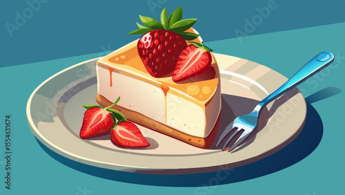 On a ceramic plate sits a slice of creamy cheesecake, topped with fresh strawberries and a mint leaf. A fork gently presses into the soft dessert, with smooth shadows enhancing the texture. 