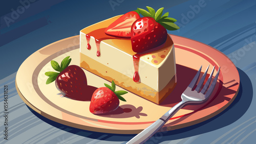 On a ceramic plate sits a slice of creamy cheesecake, topped with fresh strawberries and a mint leaf. A fork gently presses into the soft dessert, with smooth shadows enhancing the texture. 