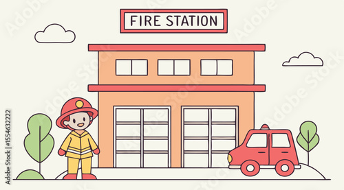 Cartoon Fire Station with Firefighter and Truck Vector Illustration