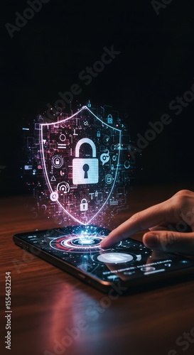 Wallpaper Mural Digital Security Concept with Hand Interacting with Smartphone and Holographic Lock Shield Torontodigital.ca