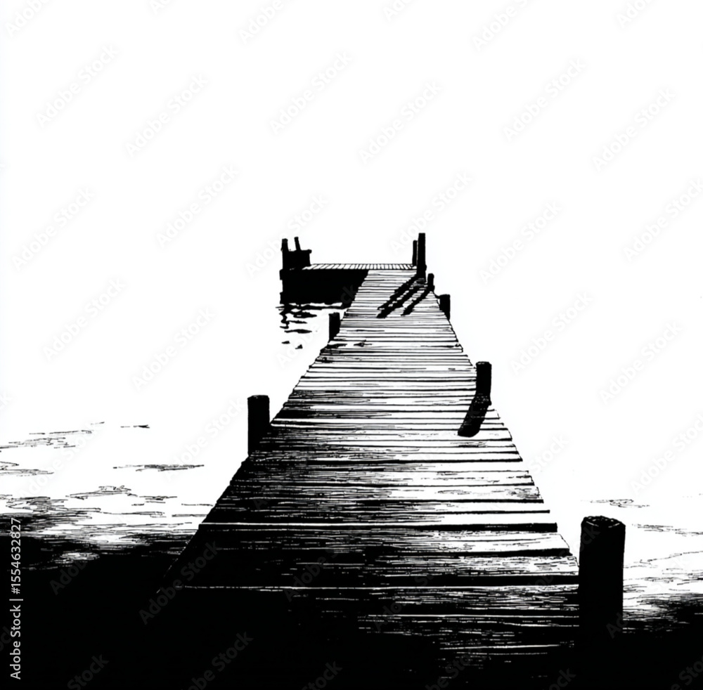 Obraz premium dock extending into a lake, view at an angle from water in the lake, silhouette, black on white background for a t shirt