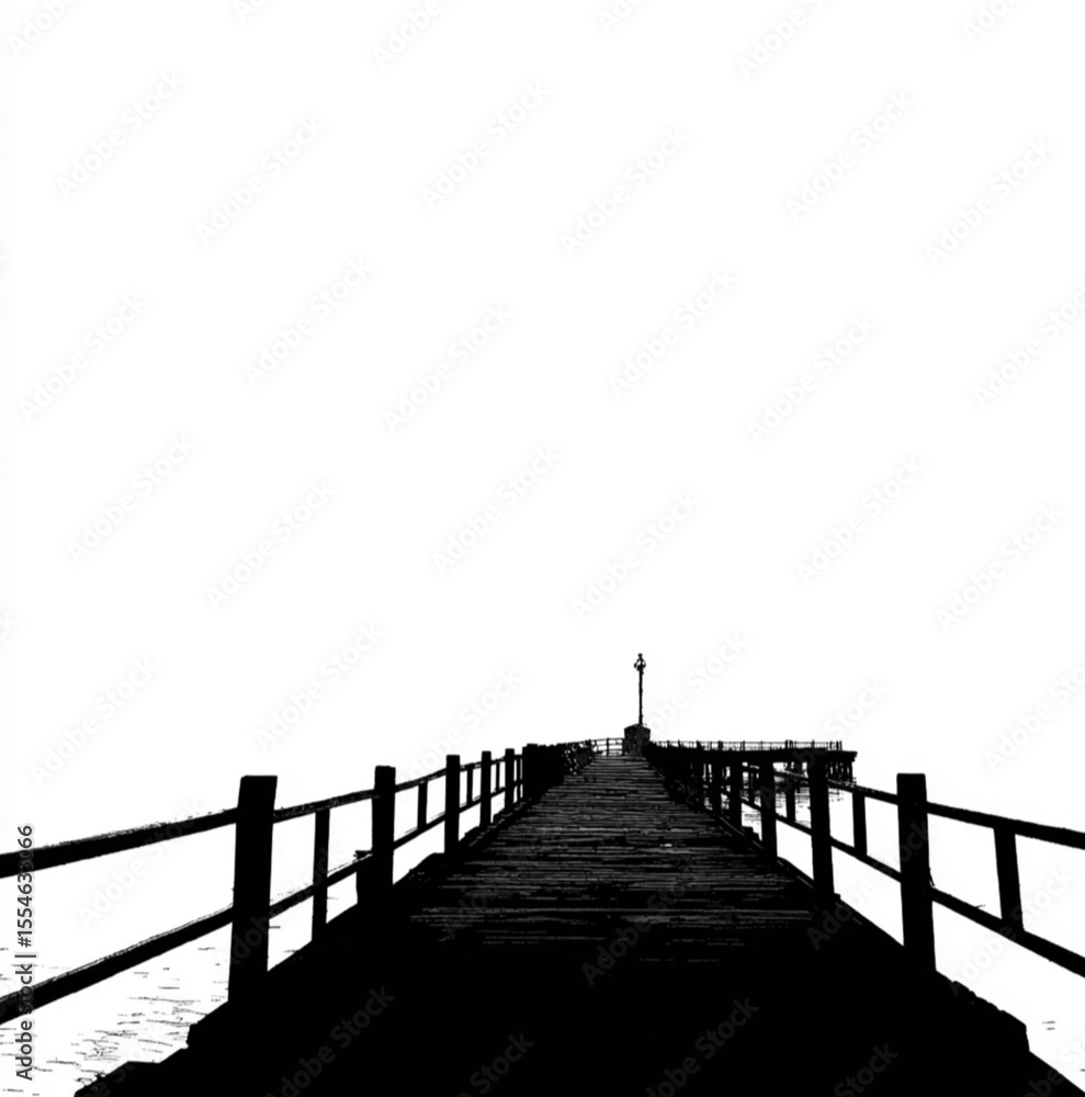 Obraz premium dock extending into a lake, view at an angle from water in the lake, silhouette, black on white background for a t shirt