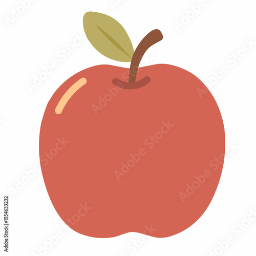 Red apple with stem and green leaf in flat cartoon style, great for back-to-school visuals, healthy snacks illustrations, or nature-inspired food artwork.