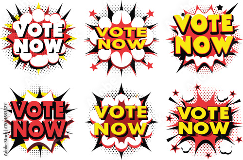 Six Colorful "Vote Now" Comic Book Speech Bubbles, Perfect for Election...