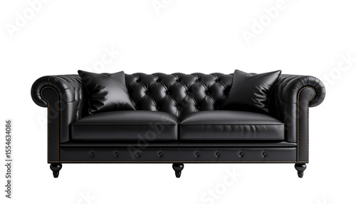 Comfortable black leather furniture, including a sofa and armchair, isolated on white for contemporary interior design