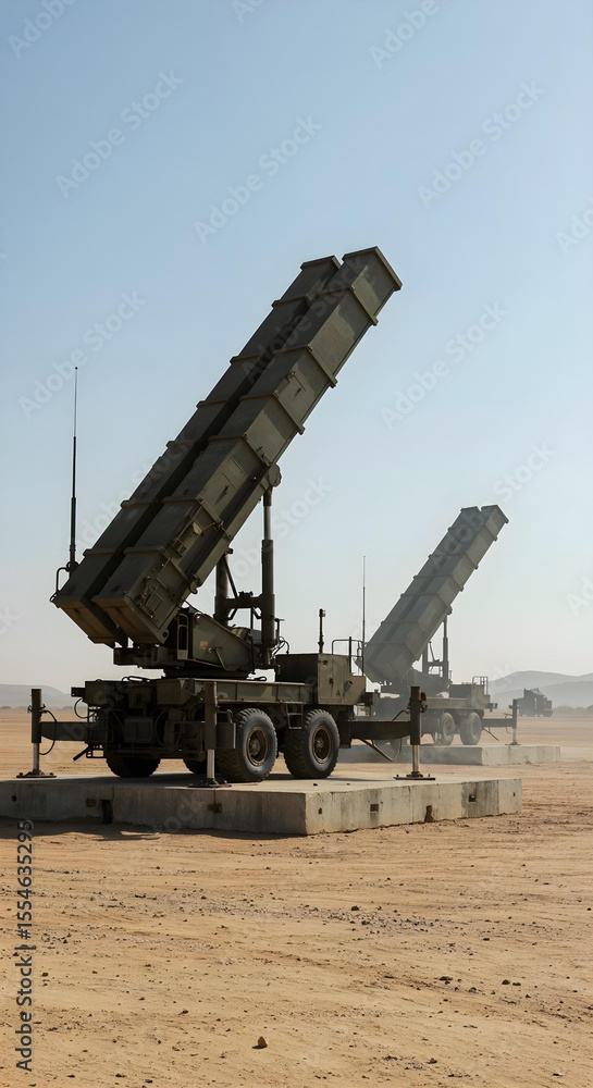 Obraz premium Symmetrical Patriot systems ready on a concrete launch pad.