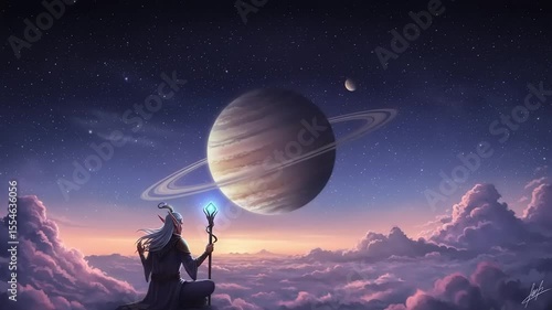 A mystical figure with a staff gazes at a giant planet and its rings above a cloud-filled sky