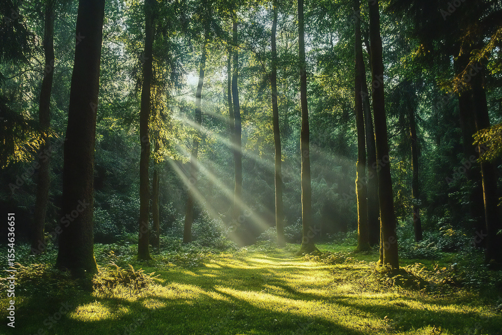 Obraz premium Nature Photography: Warm Sunlight Dancing Through Forest Trees, Creating Dappled Shade and Illuminated Leaves on Oak or Willow Branches