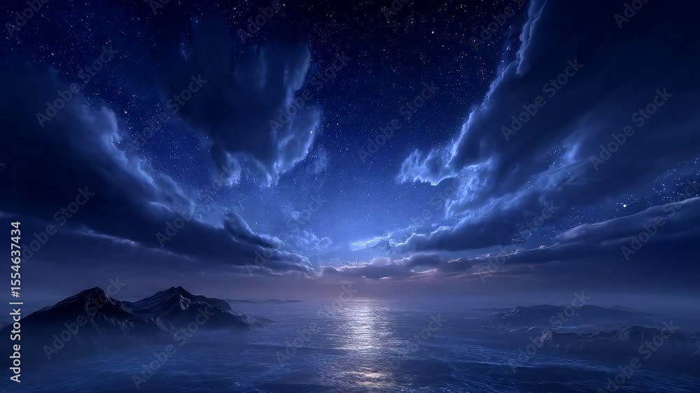 Starry night over the ocean with mountains Starry night over the ocean with mountains