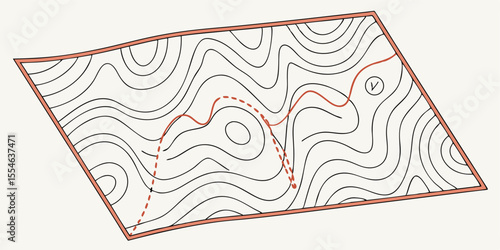 Topographic map in lines and contours. Vector geography contour landscape and terrain path. Travel and navigation cartography background. Mountain hiking trail scheme.topographic, cartography, 