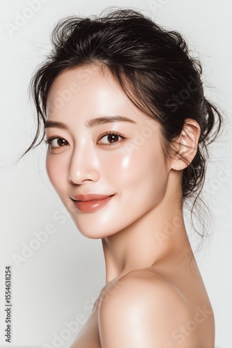 Asian woman with radiant complexion displays beauty and skincare