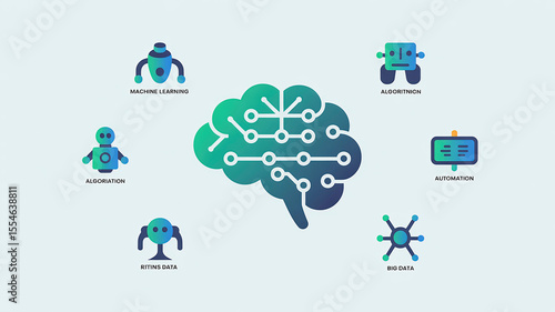 Vector icons set representing artificial intelligence concepts — neural network, machine learning, robot, algorithm, automation, big data, clean and modern flat design, isolated on white background