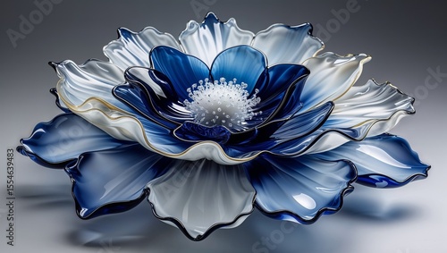 Exquisite Glass Flower Sculpture in Shades of Blue and White with Golden Accents, Artful Petals & Detail