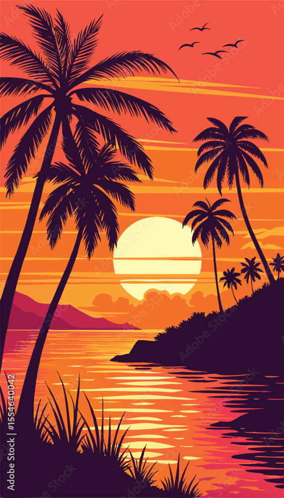 Stunning Tropical Sunset Beach with Palm Trees Stunning Tropical Sunset Beach with Palm Trees
