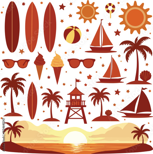 Summer beach elements set sunglasses, flip-flops umbrella, Set of travel icons vector illustration