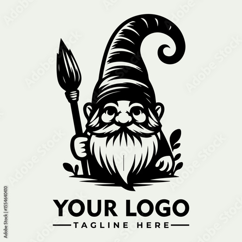 A whimsical black and white gnome logo design, holding a paintbrush, nestled amongst foliage.