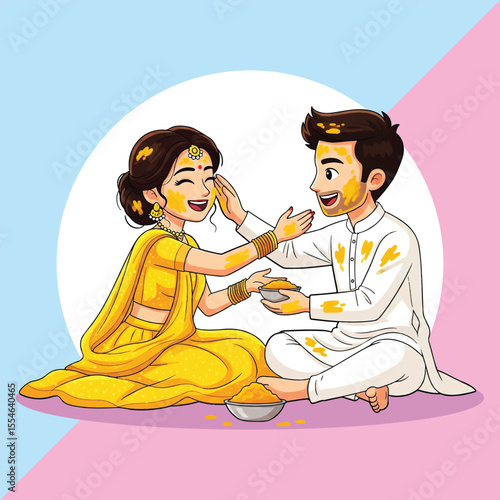 Indian Wedding Haldi Ceremony Illustration of Bride and Groom