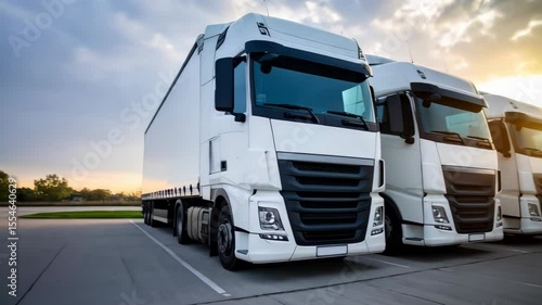 Wallpaper Mural Row of white semi trucks parked on concrete against a sunset sky, emphasizing transportation and logistics in the cargo industry. Torontodigital.ca
