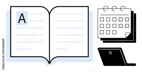 Open book with visible text lines, calendar with marked dates, and a laptop. Ideal for education, time management, productivity, digital learning, organization planning and knowledge sharing. A