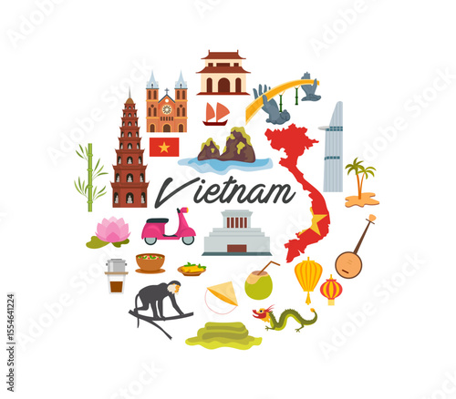 travel to vietnam culture elements landmarks food round infographic banner map flag of country ho chi minh mausoleum pho noodle soup saigon cathedral cartoon illustration