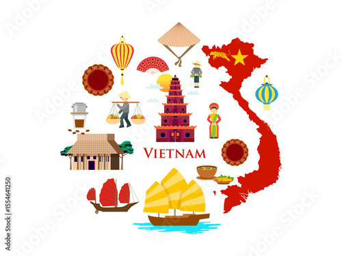 travel to vietnam culture elements landmarks food round infographic banner map flag of country ho chi minh mausoleum pho noodle soup saigon cathedral cartoon illustration