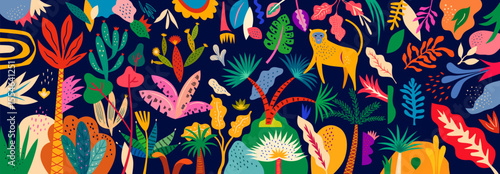 Vector colorful illustration with tropical flowers, leaves, monkey. Brazil tropical pattern.	