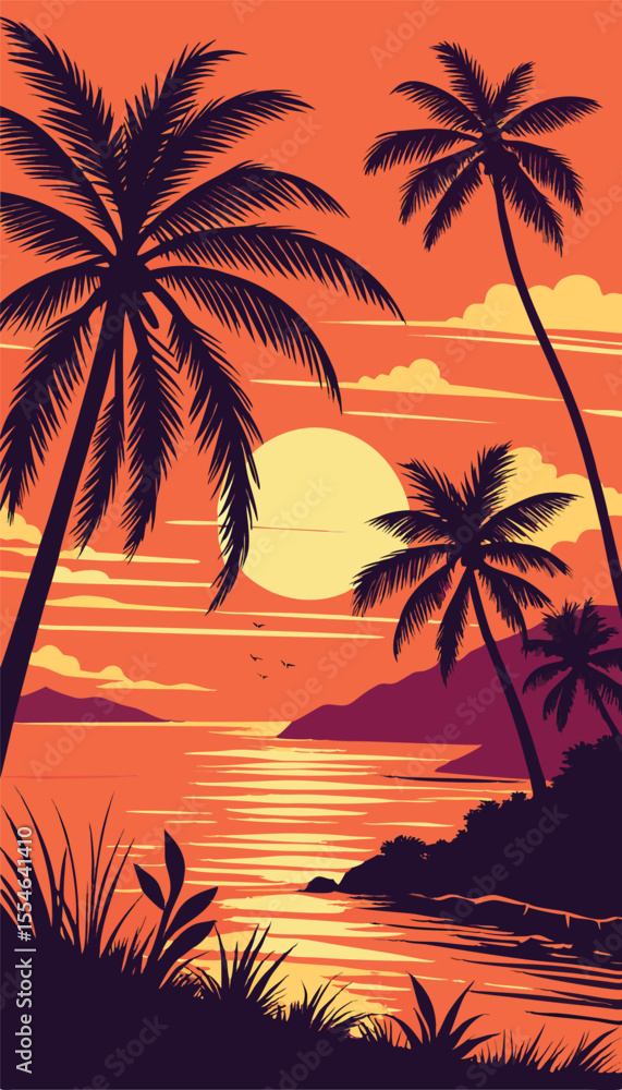 Silhouette Palm Trees at Vibrant Ocean Sunset Silhouette Palm Trees at Vibrant Ocean Sunset
