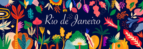Vector colorful illustration with tropical flowers, leaves. . Brazil tropical pattern.	