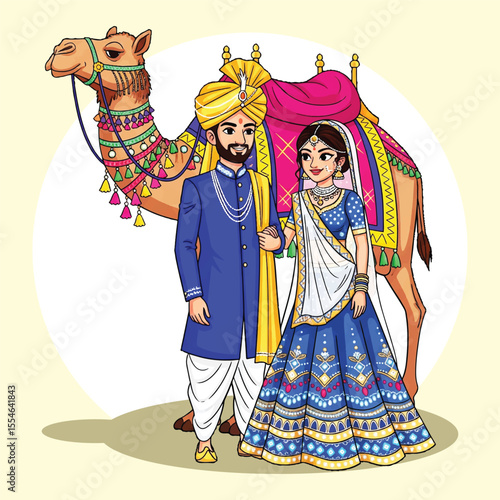 Traditional Indian Wedding Couple with Decorated Camel – Rajasthani Style Cartoon Illustration