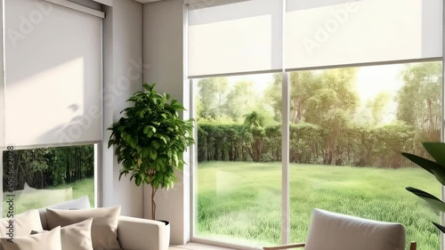 Modern Living Room with Beige Sofa, Chair, Large Windows, and Greenery Overlooking Landscaped Backyard