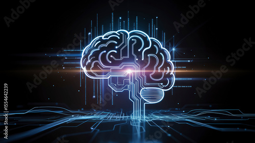 A glowing digital brain made of circuit lines and binary code, hovering above a futuristic background, deep blue and black color palette, high-resolution, concept of artificial intelligence 