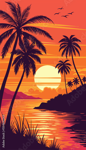 Silhouette Palm Trees at Vibrant Ocean Sunset