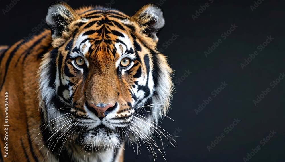 Fototapeta premium Majestic tiger gazing intensely against a dark background, showcasing its striking features and colors