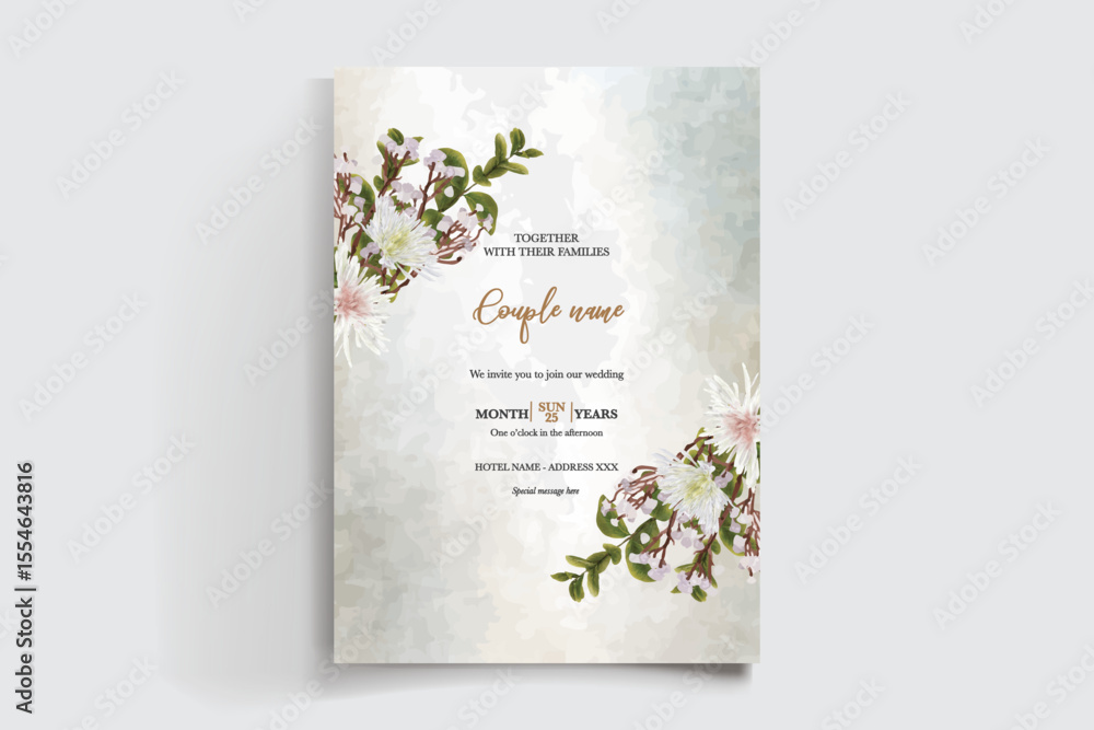 Obraz premium WEDDING INVITATION FRAME WITH FLOWER DECORATIONS AND FRESH LEAVES