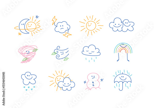 Weather cute icons drawing in cartoon kid style on white background