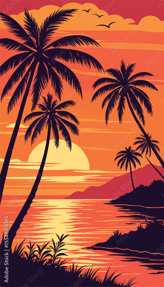 Stunning Tropical Sunset Beach with Palm Trees Stunning Tropical Sunset Beach with Palm Trees