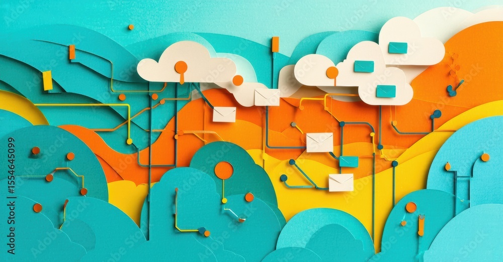 Naklejka premium Abstract papercraft landscape depicts connectivity, data flow. Bright colors, geometric shapes suggest digital world, networks.