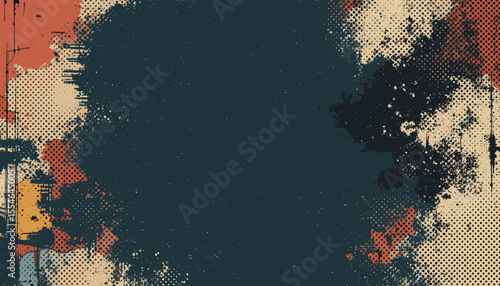 Abstract Grunge Background with Colorful Paint Splatter and Halftone Texture for Creative Design Projects